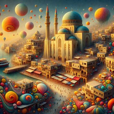 The primary subject of the image is a large, ornate mosque with a tall tower and a dome. The setting is a city with a river running through it, and the visual style is a digital art or illustration. The colors and mood of the image are vibrant and lively, with a variety of bright colors and a sense of excitement.